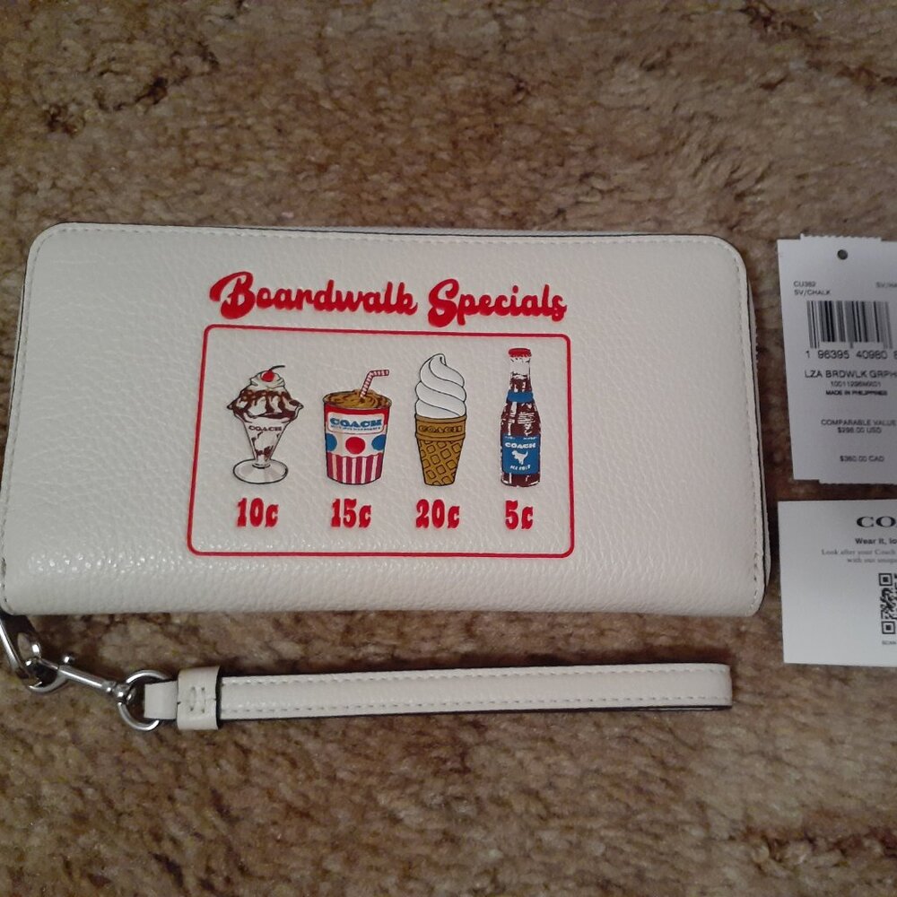COACH LARGE ZIP-AROUND LEATHER WALLET W/ BOARDWALK GRAPHIC ~ SILVER/CHALK